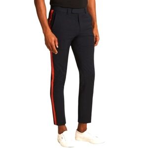 MOSS LONDON BLACK TROUSERS 34S RED SIDE STRIPE CROPPED SLIM FIT PANTS NEW
